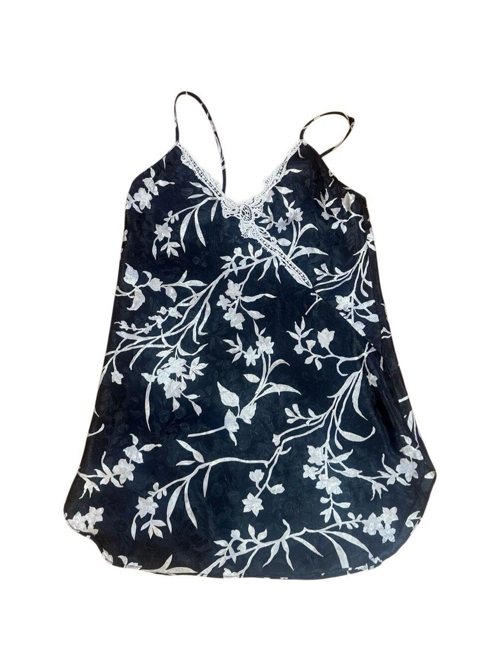 90s Vintage LA Intimates Black and Tan Floral Satin Slip Sleep Dress Medium